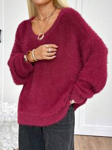 SHEIN EZwear 女式宽松蝙蝠袖休闲毛衣，红色，秋冬 - 酒紅色 - 查看 6