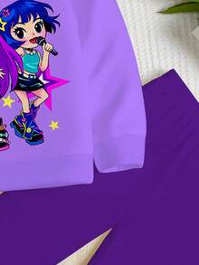 SHEIN 2 件套年轻女孩休闲可爱动漫 K-POP 卡通女孩，紫色，圆领长袖运动衫和紧身裤，适合秋冬季 - 彩色 - 查看 6