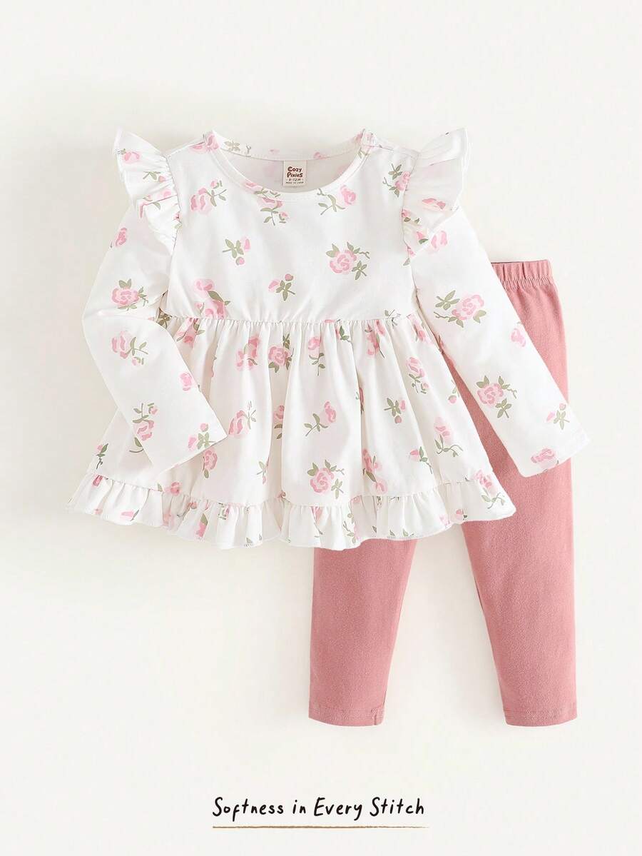 Cozy Pixies Bộ 2 áo tay dài cổ bèo nhún in hoa và quần legging màu trơn cho bé gái - Nhiều màu - Xem 1