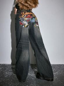 ROMWE J-Fashion Autumn/Winter New Chinese Style Tiger Head Geisha Figure English Embroidery Super Low Waist Retro Women Jeans