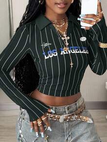 Coolane 女士秋季音乐会锐舞节外出街头服饰 Y2K 复古图案绿色翻领长袖T恤 - 綠色 - 查看 7