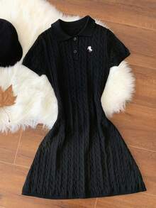 Comfortcana Women's Casual Commuting Embroidered Polo Collar Cable Knit Sweater Dress, Autumn/Winter Goth Goth - Black - View 7