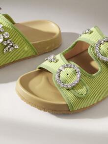 Solecia New Women's Green Woven Rhinestone Flat Casual Sandals - Green - View 5