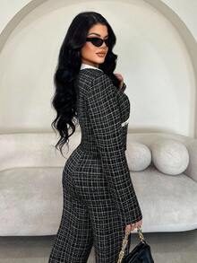 SHEIN SXY Áo khoác kẻ caro đen trắng cổ điển thanh lịch tối giản dành cho nữ, đa năng cho trang phục thường ngày, đi làm, tiệc tùng, những dịp trang trọng, áo khoác ngoài dáng lửng cho mùa thu/đông - màu đen - Xem 2
