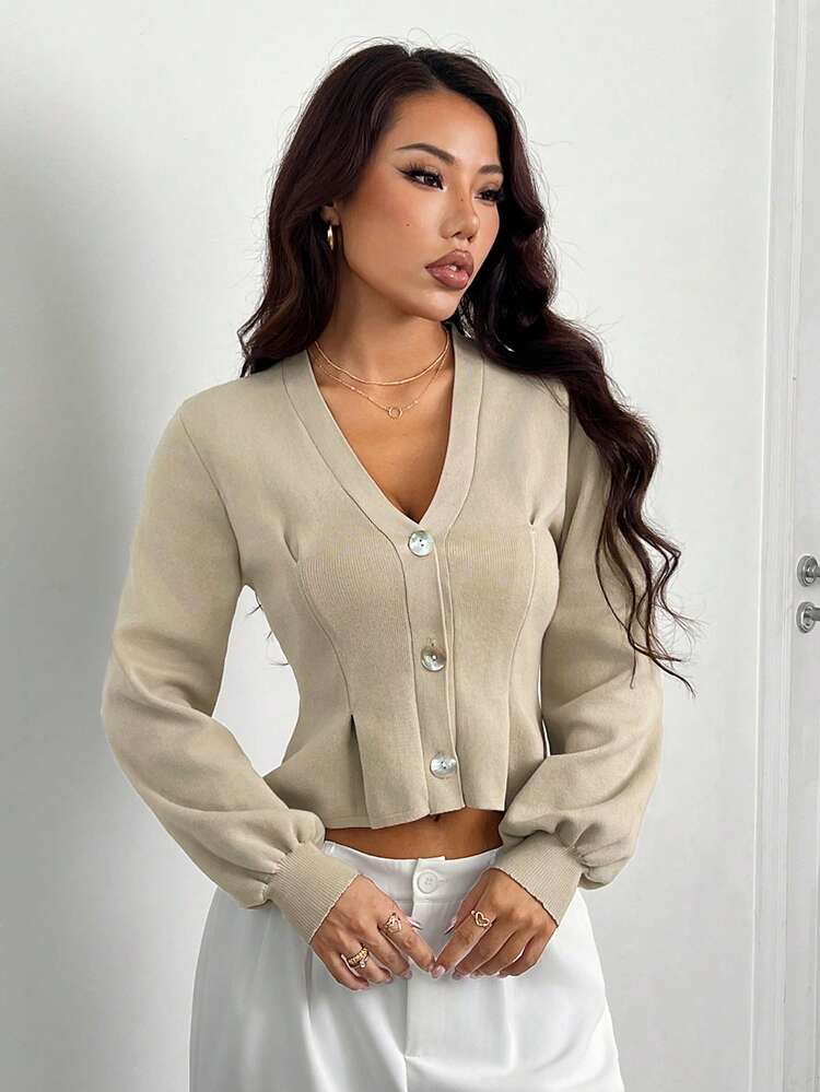 SHEIN PETITE Suéter de Tricô Marrom Claro Feminino, Versão Elegante Casual, Cintura Afunilada Emagrecedora, Adequado para Uso Diário no Outono/Inverno, Ação de Graças - Castanho - Visão 7