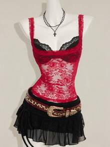 SHEIN ICON Women's Red Lace Semi-Sheer Camisole, Paired With Black Lace Spaghetti Strap Top, 2 Pieces Set,Sexy Tops - Red and Black - View 3
