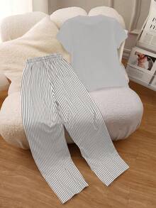 INAWLY 圆领刺绣短袖上衣+条纹印花裤套装，欧美风 - 灰色 - 查看 2