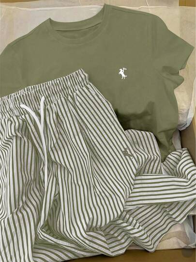 INAWLY Conjunto de top de manga corta con cuello redondo bordado y pantalones con estampado de rayas, estilo europeo y americano