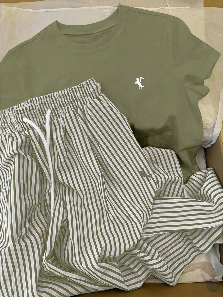 INAWLY 圆领刺绣短袖上衣+条纹印花裤套装，欧美风 - 綠色 - 查看 1