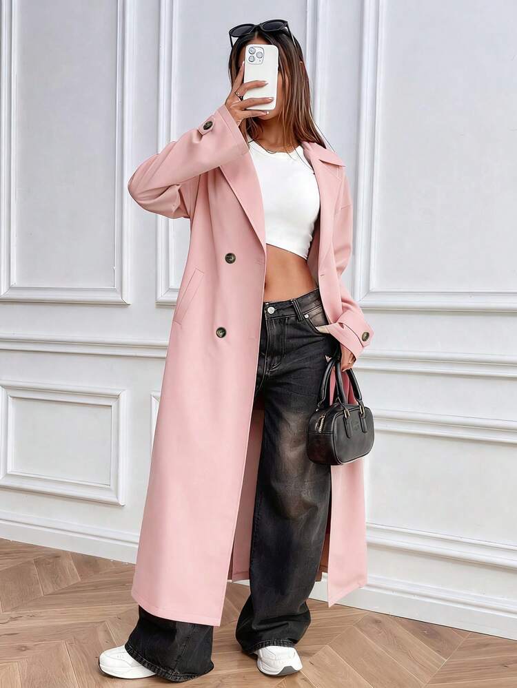 Chiquease Women's Casual Daily Lapel Neck Double-Breasted Trench Coat, Autumn - Pink - View 1