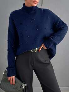 EURMUSE Sweter damski w dużym rozmiarze, luźny, na co dzień, do pracy, prosty, w jednolitym kolorze, z wysokim kołnierzem, zdobiony sztucznymi perłami, z opadającymi ramionami, jesień/zima