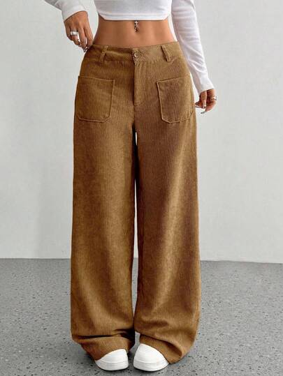 FavEase 2025 Autumn/Winter Casual Vintage Corduroy High-Quality Loose Fit Straight Leg Pants, Light Brown Versatile