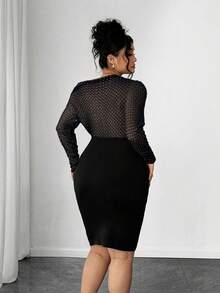 Elenzga Plus Size Asymmetric Collar Mesh Patchwork Long Sleeve Dress - Black - View 2