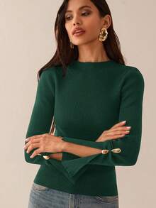 Lilora Long Sleeve Slit Metal Decor Bodycon Sweater In Fall/Winter Green Sweater Dark Green Top Green Tops For Women Emerald Green Top,Fall,Fall Clothes For Women - Green - View 8