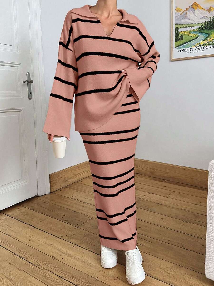 EURMUSE Women Stripe Pattern Collar Neck Drop Shoulder Pullover & Sweater Skirt Set - Dusty Pink - View 1
