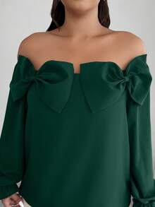 Elenzga Plus Size Solid Color Bow Decor Elegant Long Sleeve Shirt Fall - Dark Green - View 4