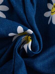 2件套女孩活力假期向日葵、心形、笑脸仿牛仔印花不对称短裤，蓝色和粉色组合，适合夏季外出 - 彩色 - 查看 2