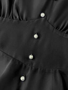 Franclia Bluză elegantă pentru femei de mărime mare, din șifon, culoare solidă, cu decolteu în V, cu nasturi și perle, mâneci bufante și volane, design versatil, cămașă casual cu mânecă lungă - Negru - Vizualizare 6