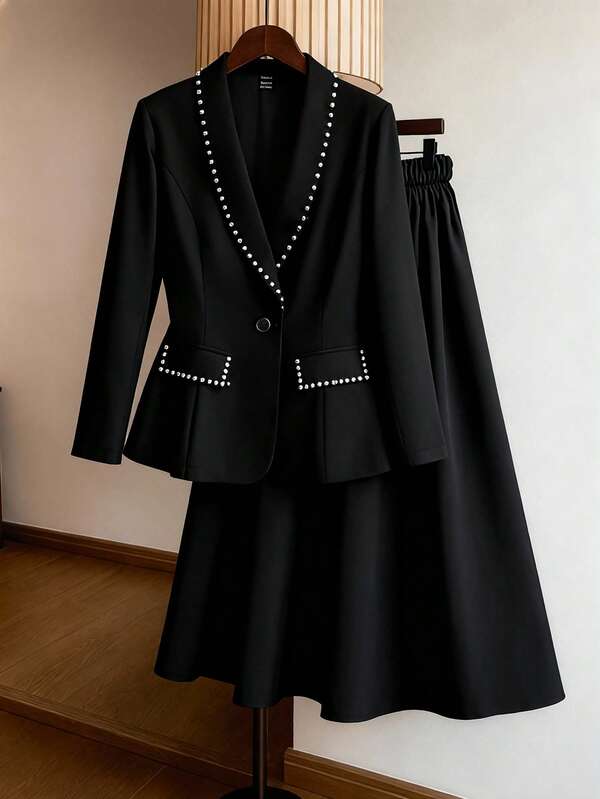 Regalyn Plus Size Beaded Collar Long Sleeve Elegant Suit Set