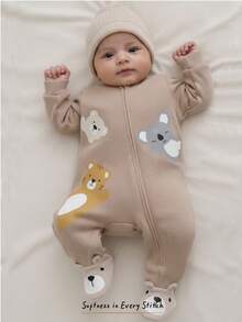 Cozy Pixies Newborn Baby Girl Cartoon Animal Pattern Contrast Color Soft Knit Crew Neck Long Sleeve Footie Jumpsuit - Brown - View 1