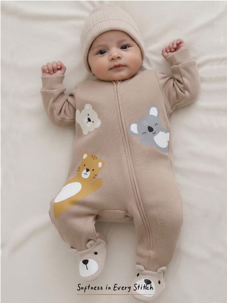 Cozy Pixies Newborn Baby Girl Cartoon Animal Pattern Contrast Color Soft Knit Crew Neck Long Sleeve Footie Jumpsuit - Brown - View 1