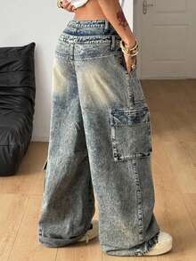 Coolane Women's Cargo Rapper Washed Grunge Jeans Y2k Oversized Jeans Old Money Baggy Jeans - Dark Wash - View 2