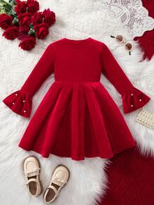 Young Girl Elegant Burgundy Velvet Long Sleeve Dress - Burgundy - View 2