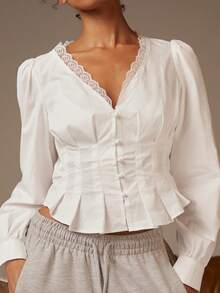 Athîral Women's Solid Color Lace Patchwork Collar Long Sleeve Blouse - White - View 5