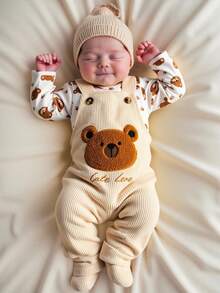 SHEIN Baby Boys' Soft Apricot Cute Brown Bear Head Embroidered Straight Leg Overalls, Suitable For Everyday Outings, Lazy Hometime, Parent-Child Interactions, Birthday Parties And Other Joyful Occasions, All Season