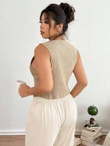 Lounesse Plus Size Tank Top, Plus Size Shell Button Decor, Beige Ribbed Fabric, Fashionable At Home Casual Plus Size Camisole - Apricot - View 2