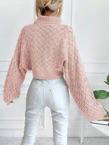 EURMUSE Solid Batwing Sleeve Mock Neck Pointelle Knit Sweater - Beige - View 2
