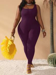 Slaydiva Slayr Basic Casual Elastic Knit Plus Size Jumpsuit - Purple - View 2