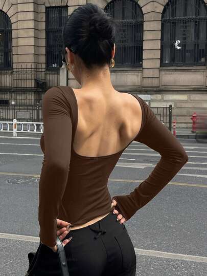 DAZY Maglietta a maniche lunghe aderente e senza schienale di colore unito per donna