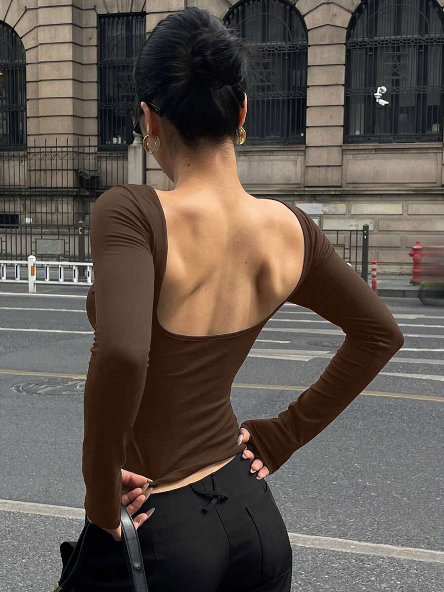 DAZY 女式纯色露背紧身长袖T恤 - 棕色 - 查看 1