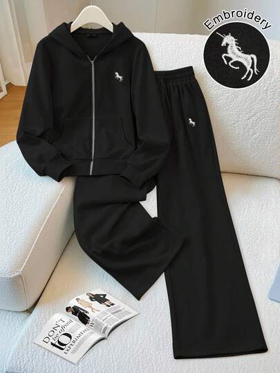 GlowEve مجموعة ملابس نسائية كاجوال من بنطلون وبلوزة هوديي مطرزة بجيب وسحاب، بلون أحادي، فضفاضة، مناسبة للاستخدام اليومي والرياضة والترفيه