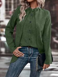 LanaWest Women's Stand Collar High Low Shirt,Ladies Casual Button,High Low,Plicated Long Sleeve Stand Collar Regular Fit Regular Green Regular Sleeve Shirt Women Blouses,Spring/Summer,Casual Daily Wear Fall Cloth For Women - Green - View 4