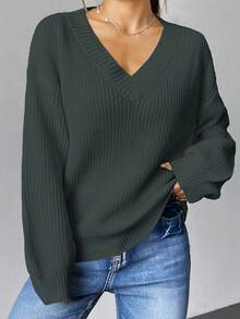 SHEIN Unity 女士休闲日常通勤落肩宽松V领毛衣，秋冬 - 灰色 - 查看 5