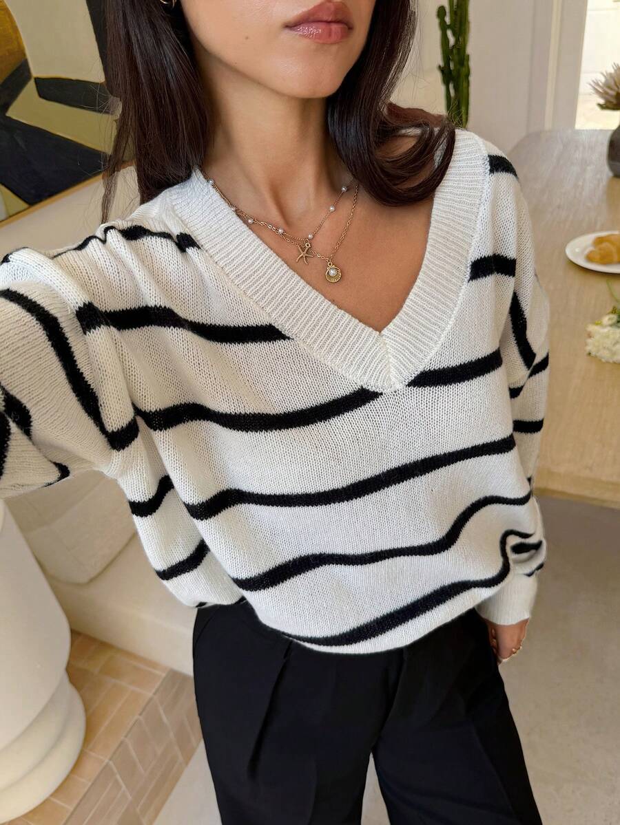 SHEIN Frenchy Black White V Neck Striped Pattern Drop Shoulder Sweater,Long Sleeve Tops,Knitted Sweater In Fall/Winter Casual - Black and White - View 1