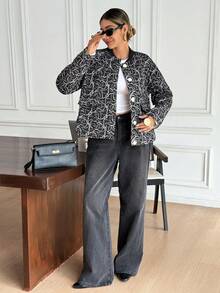 SHEIN Frenchy معطف مطبوع بالكامل للنساء للتنقل، خريف/شتاء - كاكي - مشاهدة 4