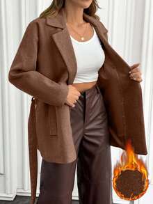 EURMUSE Women's Solid Belted Short Good Quality Elegant Wool Coat - Brown - View 3