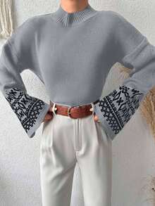 EURMUSE Women'S Geometric Pattern Sweater With Drop Shoulder - Grey - View 3