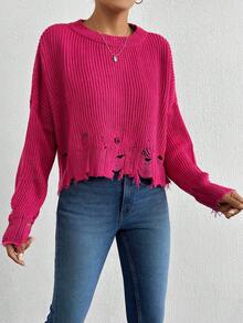 EURMUSE Drop Shoulder Distressed Ribbed Knit Sweater - Hot Pink - View 4