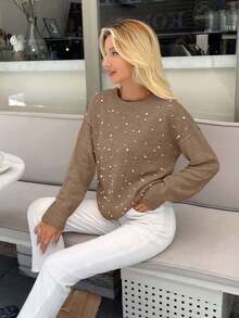 RueChic 女士珍珠细节圆领米色休闲优雅毛衣