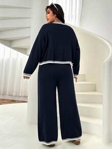 Solflare Plus Size Women Casual Contrast Binding Button Cardigan And Wide Leg Pants Set, Suitable For Daily Commute, Autumn/Winter - Navy Blue - View 2
