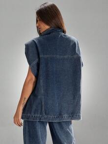 Denimoi 垫肩无袖前拉链牛仔背心 - 中等水洗藍 - 查看 4