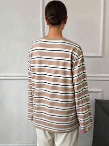DAZY 女士条纹宽松圆领落肩长袖休闲T恤 - 卡其色 - 查看 2
