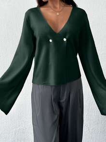 SHEIN Tall Cardigan avec encolure en V, boutonnage devant, épaules tombantes, couleur unie, pour femmes grande taille