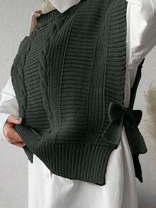 EURMUSE 女式宽松休闲针织背心，带麻花图案 - 軍綠色 - 查看 3