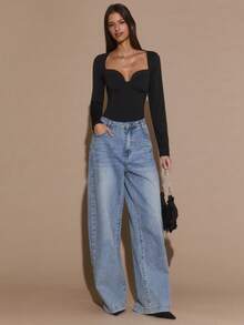 SHEIN BAE 黑色纯色方领轮廓杯长袖紧身衣，适合毕业典礼、正式场合、鸡尾酒会、浪漫约会、秋冬打底衫、派对、夜总会、万圣节、圣诞节 - 黑色 - 查看 3