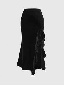 ROMWE Goth Top de camisola de contraste de encaje de terciopelo oscuro de Halloween combinado con falda de cola de pez - Negro - Ver 3